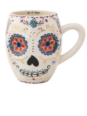 Natural Life Sugar Skull Coffee Tea Mug hand sculpted Hand painted dash of gold